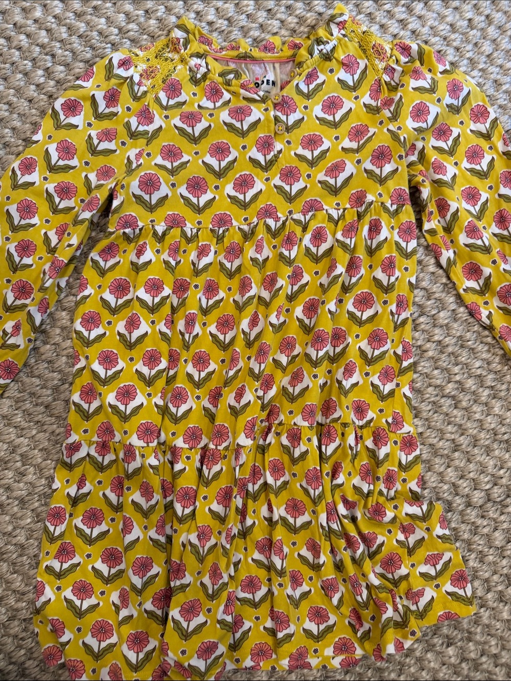 Mini Boden Yellow Floral Tiered Long-Sleeve Dress with Pink Blooms 6/7
